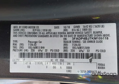 2019 Ford Fiesta Se из США, поврежденный, VIN 3FADP4BJ7KM109118